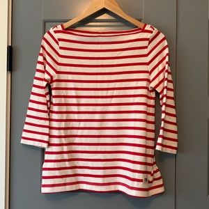 Kate Spade Striped Boatneck 3/4” sleeve Top w/ back ruffle detail